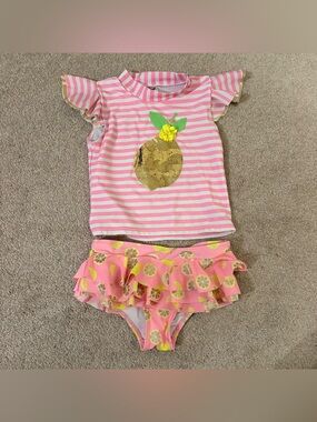 Wetsuit Club size 6 Girls Pink Striped Lemon Two-Piece Swim Set